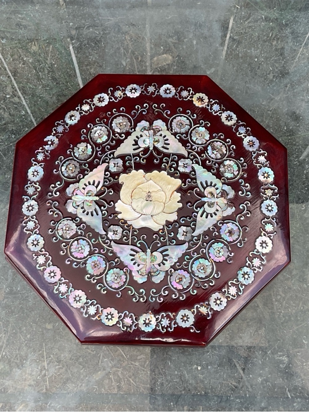 Vintage Octagonal Burgundy Lacquer Box w Mother of Pearl Inlay & Interior Boxes